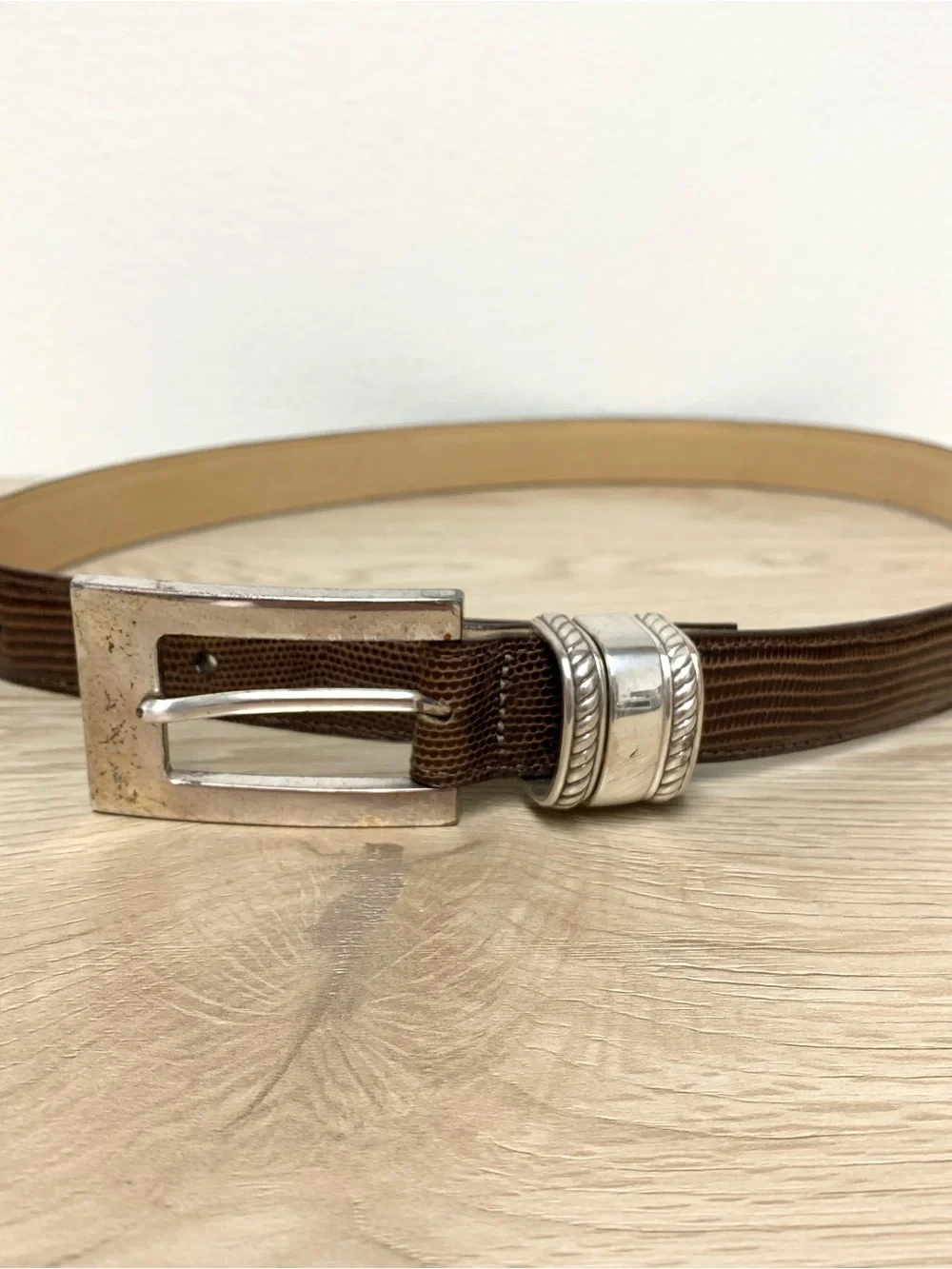 Brighton Belt Womens 32 Brown Lizard Embossed Leather Silver Rope Medium/Large